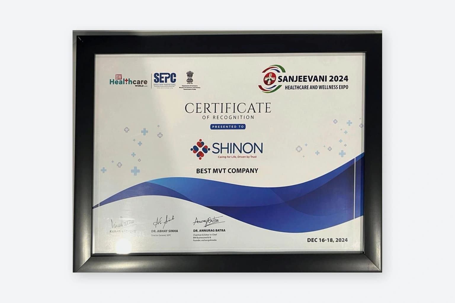 Best MVT Company certificate presented to Shinon at Sanjeevani 2024