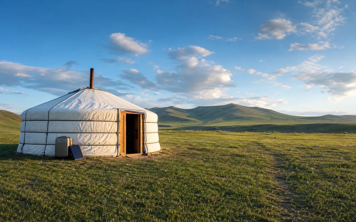 Medical travel luggage beside a traditional ger on the Mongolian steppe